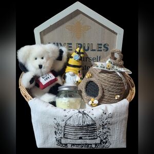 Charming Home Accents Gift Basket with Plush Bear and Beehive Decor